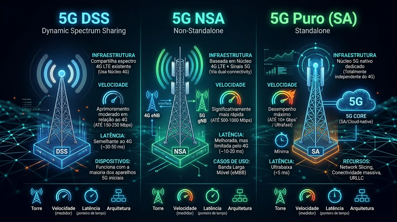 Diferenças entre 5G SA, 5G NSA e 5G DSS no Brasil