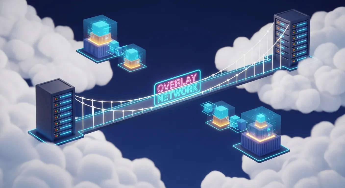Ilustração de uma rede Overlay no Docker conectando múltiplos hosts