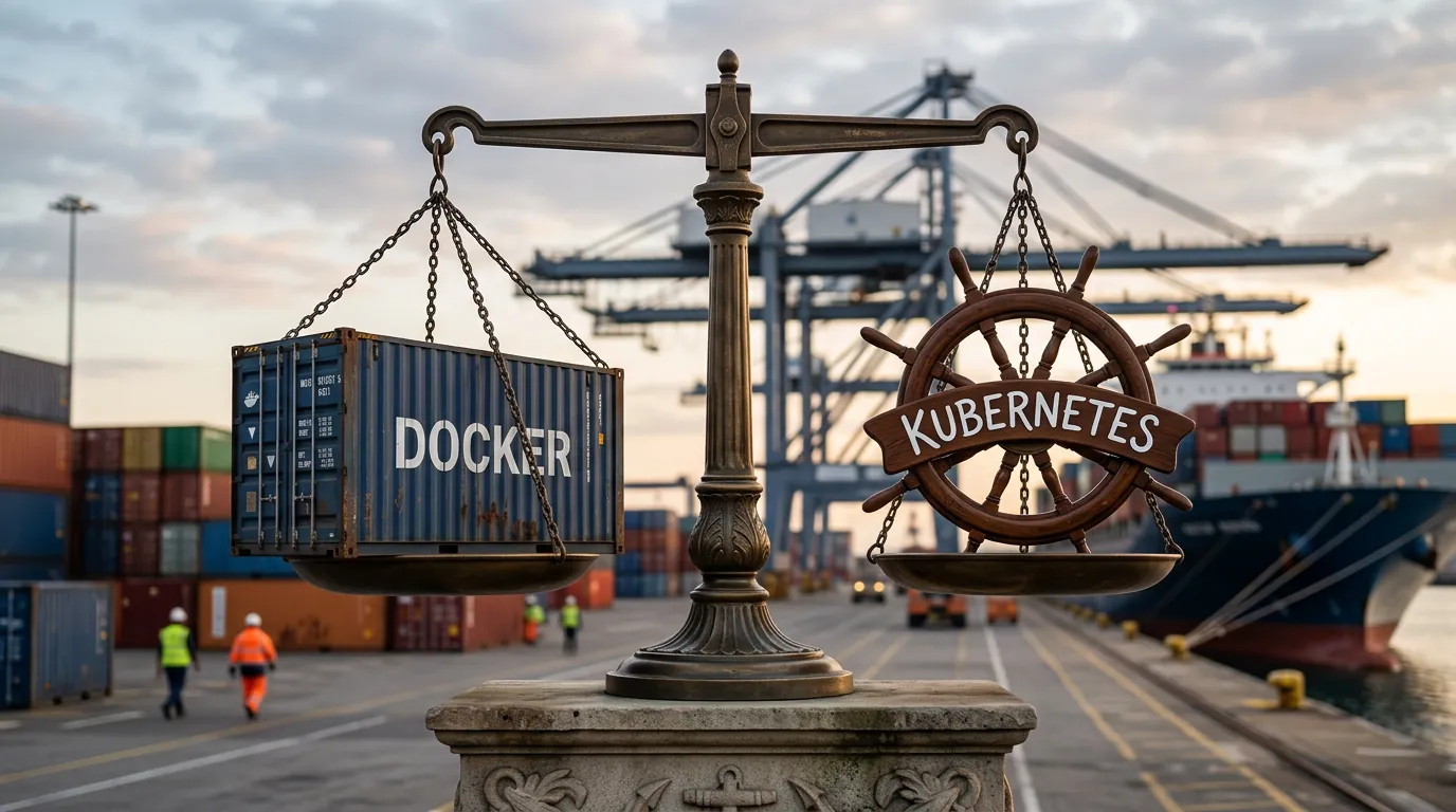 Balanca comparando Docker e Kubernetes