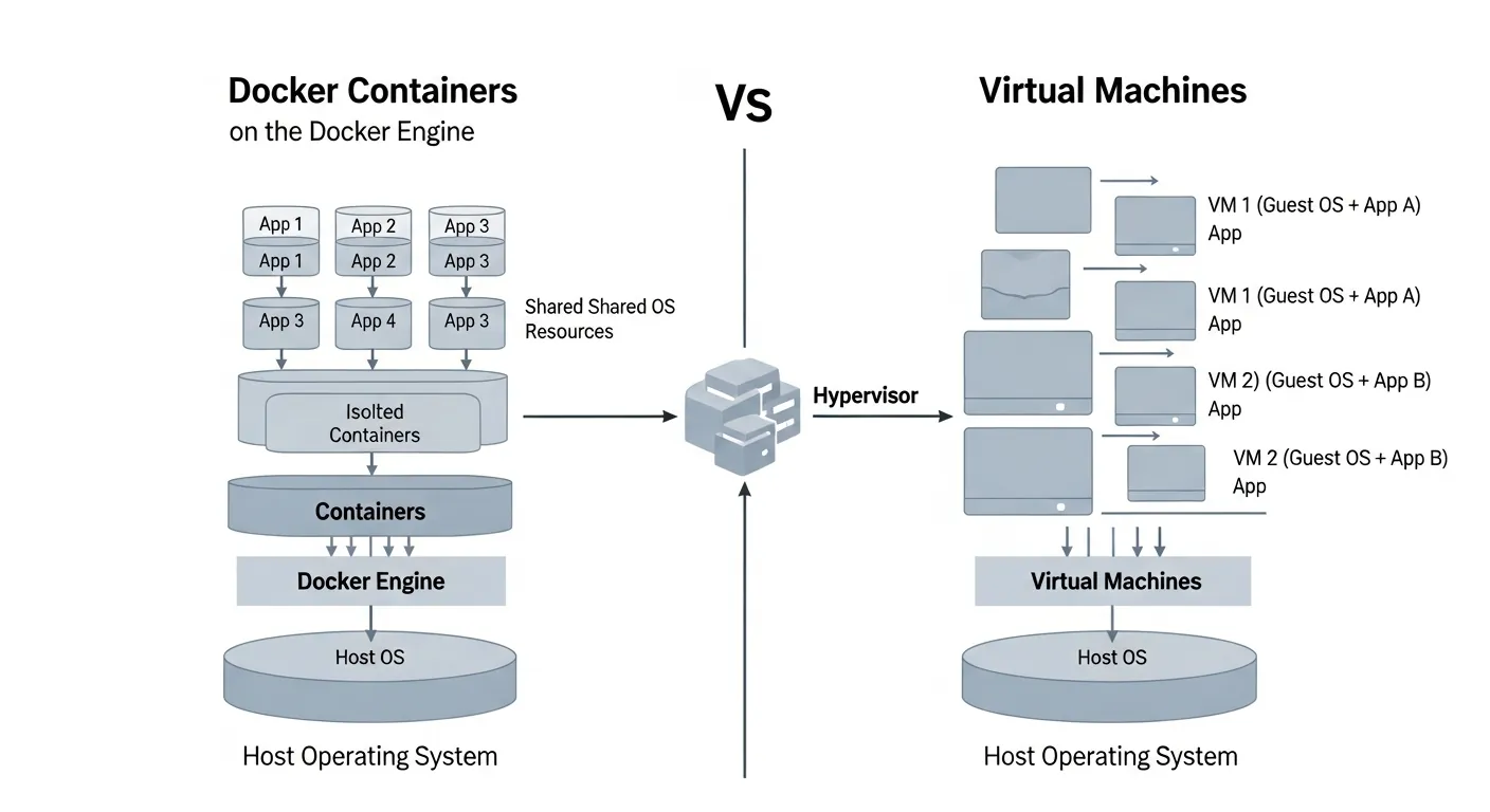 Alt Text: Comparativo técnico entre containers e máquinas virtuais
