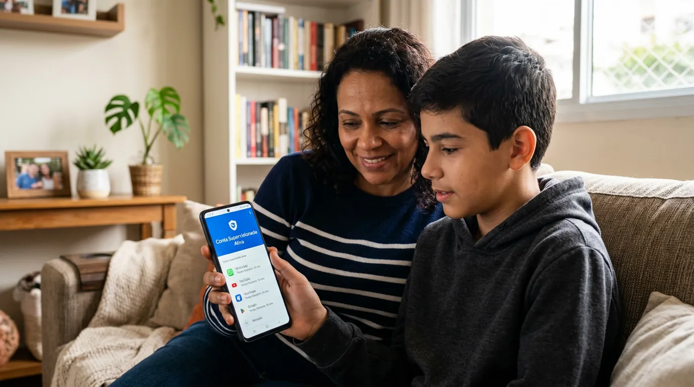 Mãe e filho configurando supervisão parental no celular segundo as regras do ECA Digital