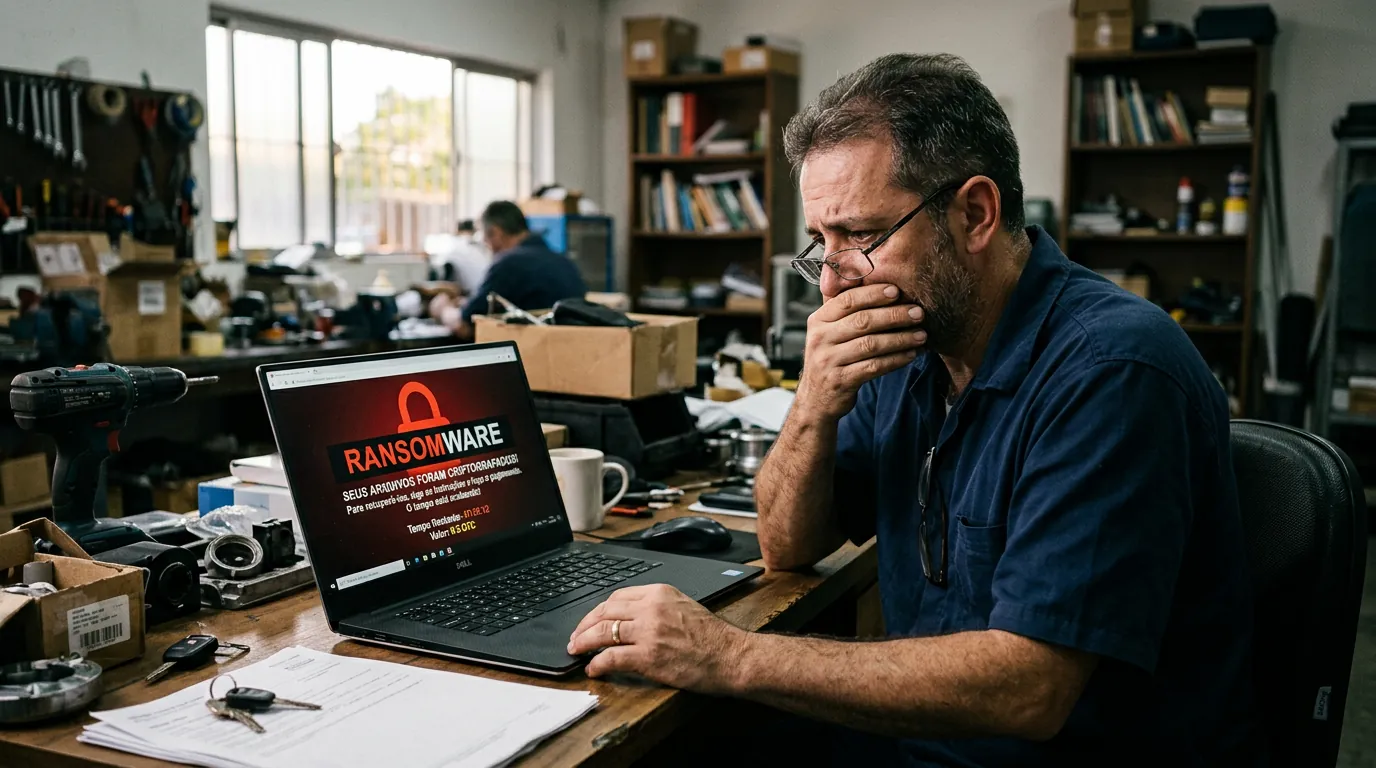 Pequeno empresário preocupado com cibersegurança