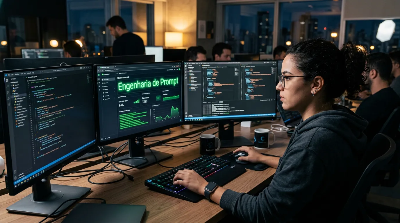 Profissional de TI configurando prompts em um painel de IA