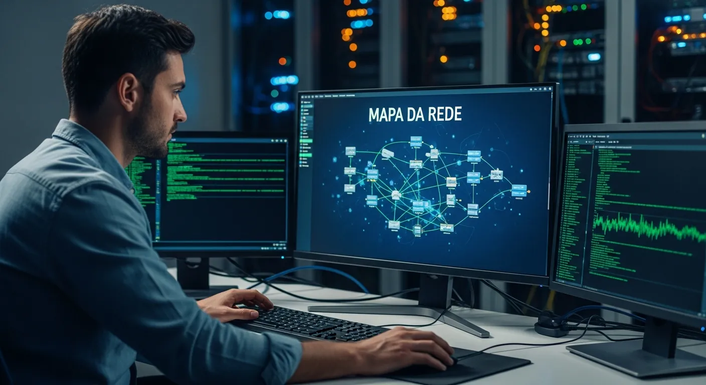Engenheiro de TI analisando diagrama de rede