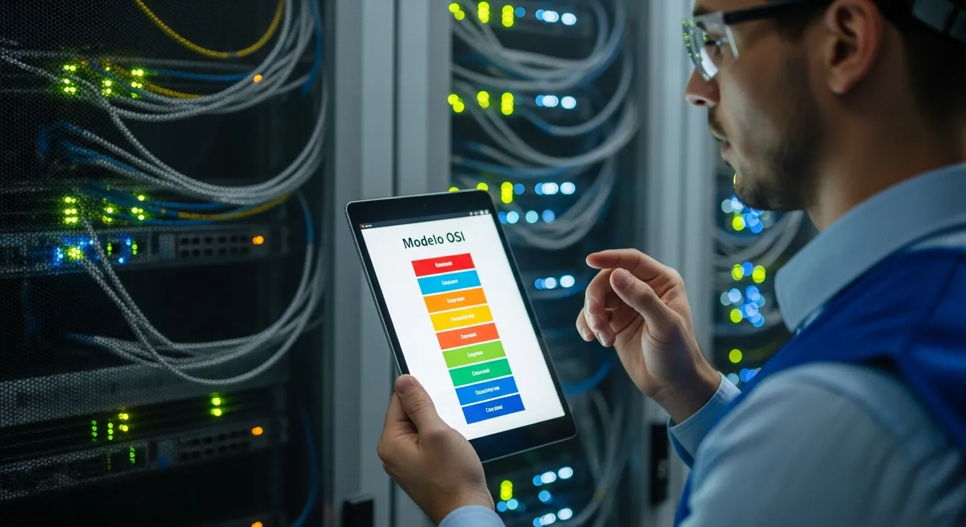 Engenheiro de redes analisando o modelo OSI no data center