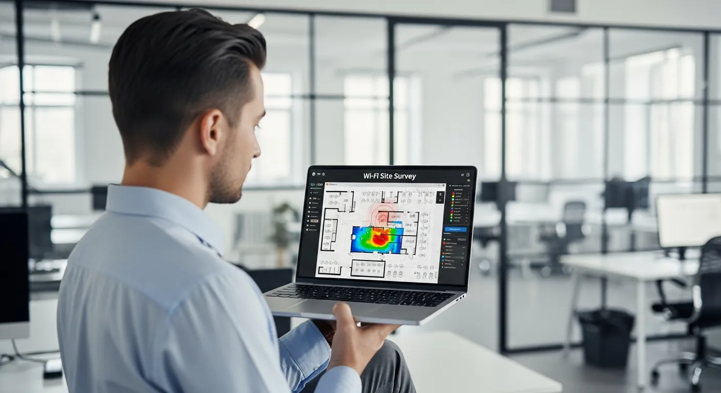 Engenheiro realizando site survey Wi-Fi