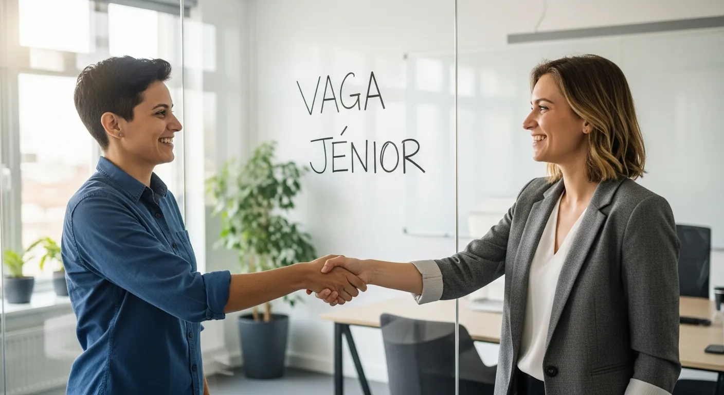 Aperto de mão em escritório com lousa escrita Vaga Júnior