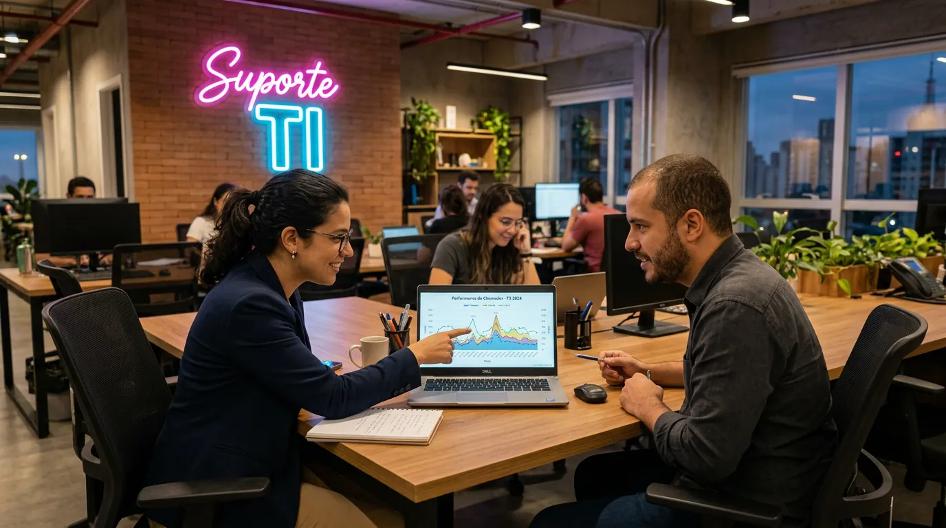 Equipe de gestão de TI analisando dados