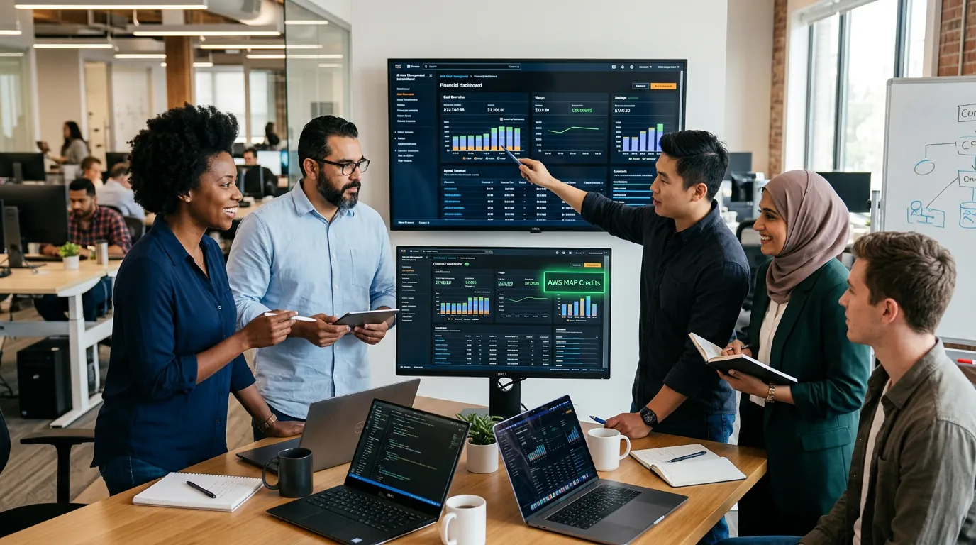 Equipe de TI analisando painel de custos e créditos de nuvem