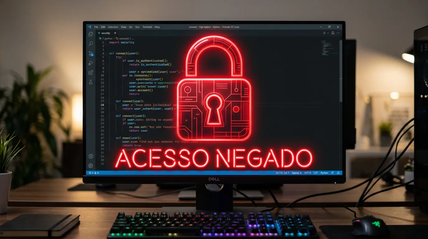 Tela de código Python com erro de autenticação e cadeado de segurança