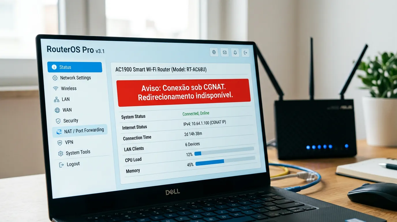 Tela de roteador com aviso de erro de CGNAT