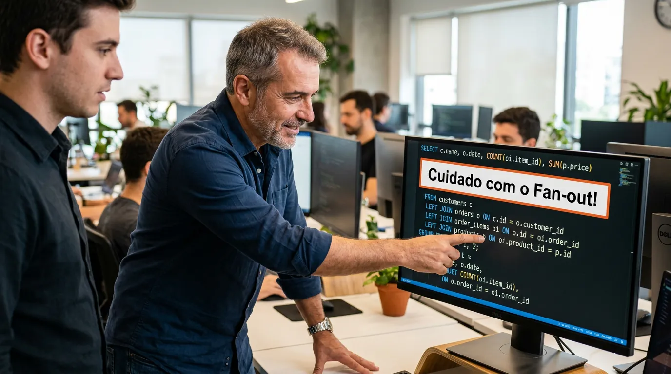 Desenvolvedor alertando sobre fan-out em SQL