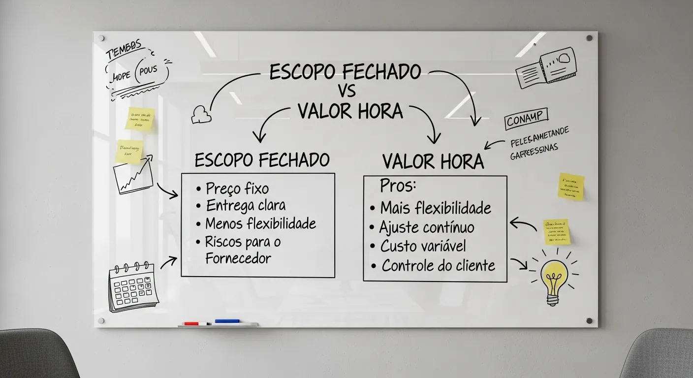 Lousa com comparativo entre escopo fechado e valor hora