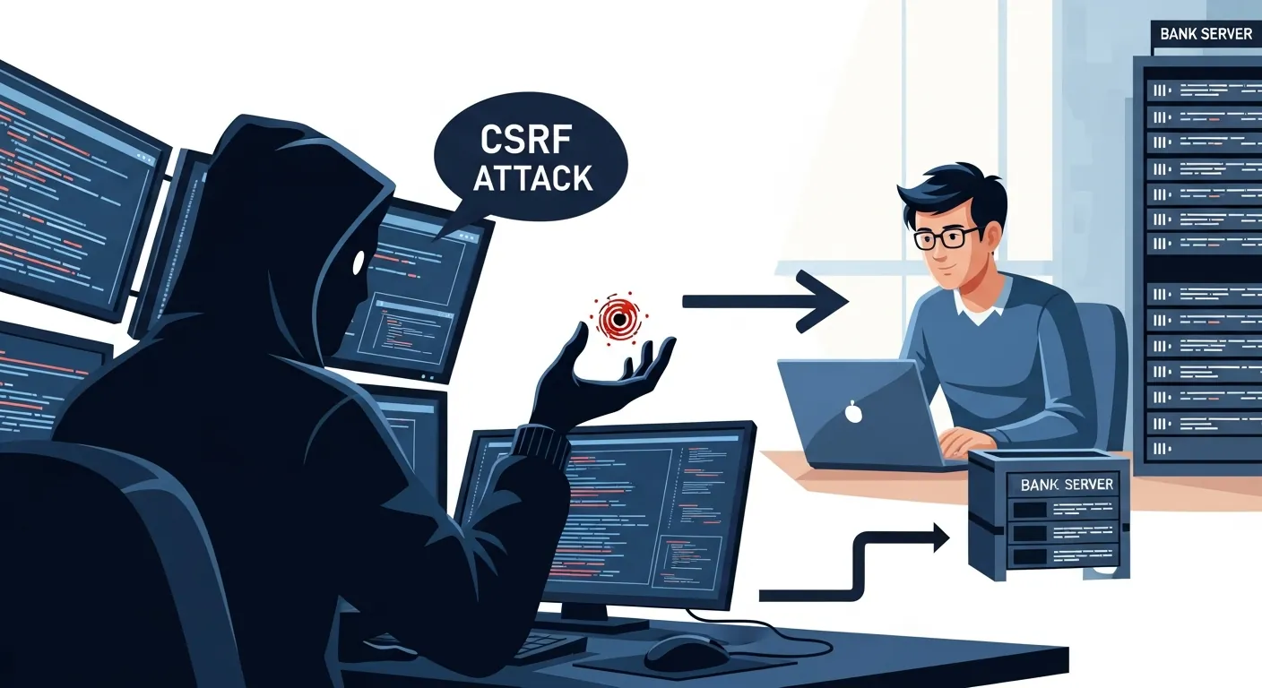 Ilustração de como funciona um ataque CSRF enganando o navegador