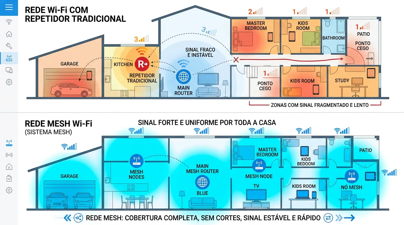 Diferença entre repetidor e rede Mesh em planta baixa