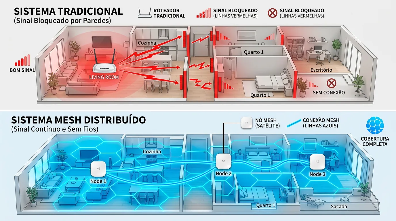 Comparação entre roteador tradicional e rede Mesh