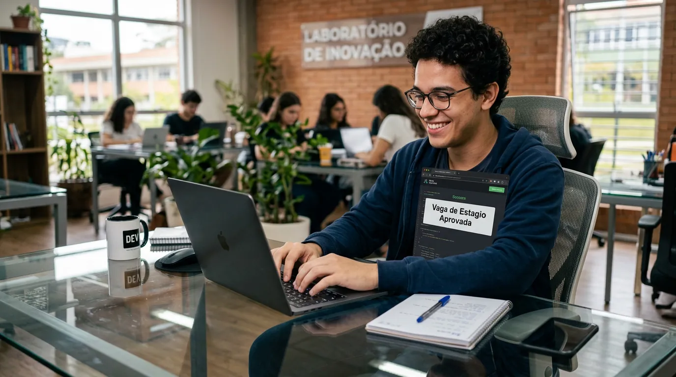 Jovem estudante comemorando aprovacao em estagio de TI