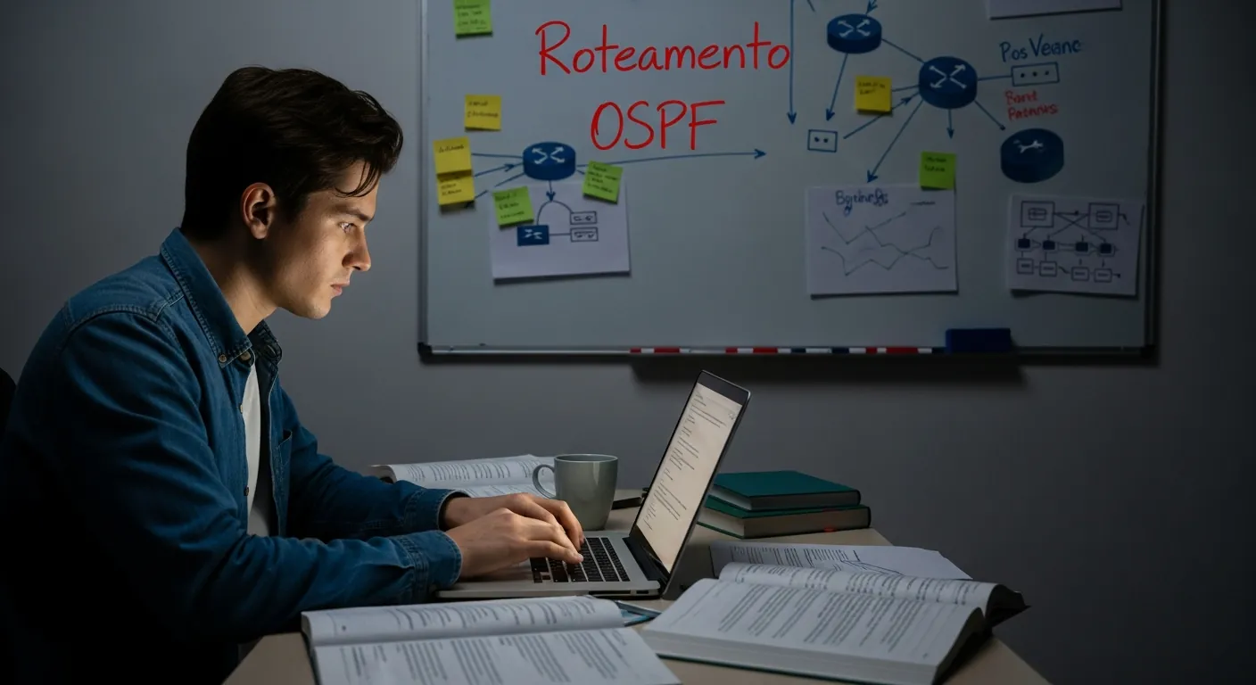 Estudante configurando rede OSPF no notebook