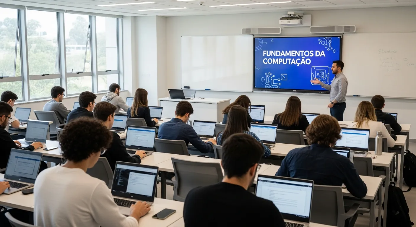 Alunos em uma faculdade de tecnologia estudando programacao