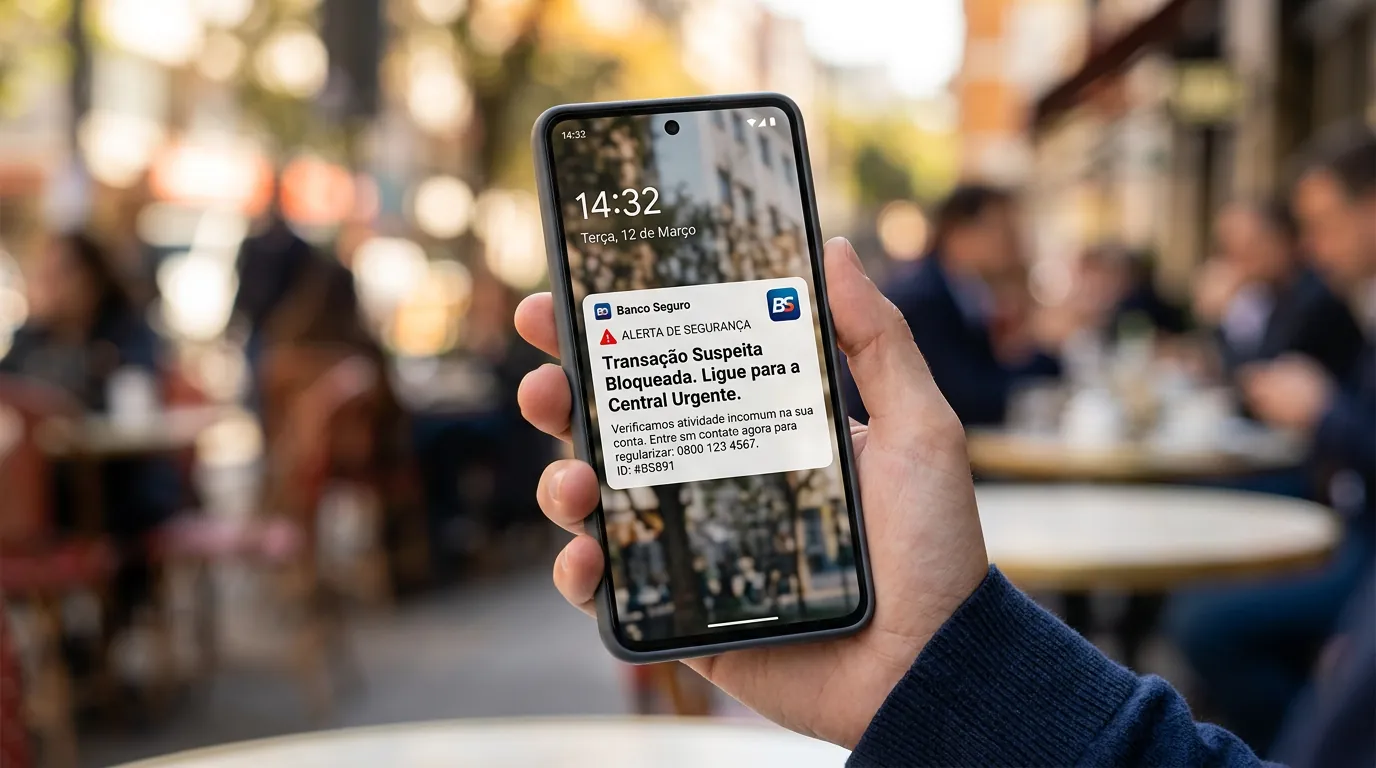 Tela de celular com mensagem falsa de banco alertando sobre fraude