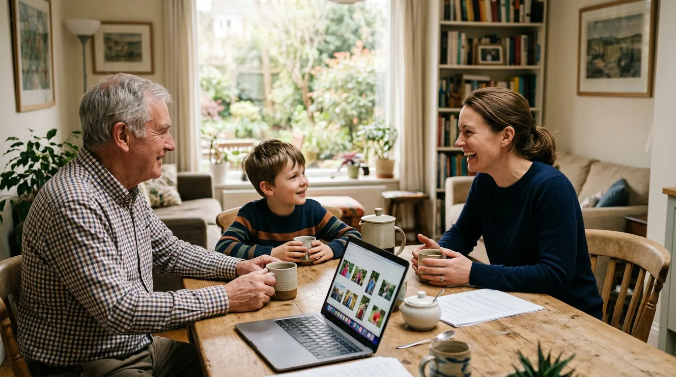 Família conversando sobre segurança digital de forma acolhedora