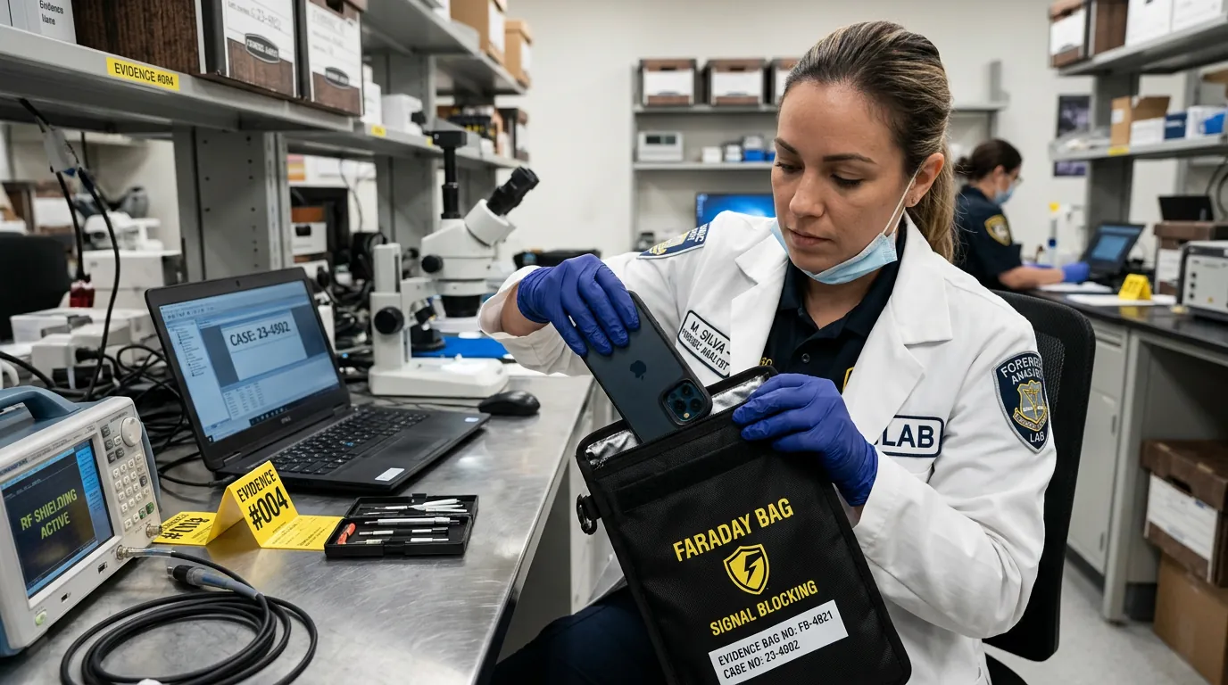 Perito isolando celular em Faraday bag