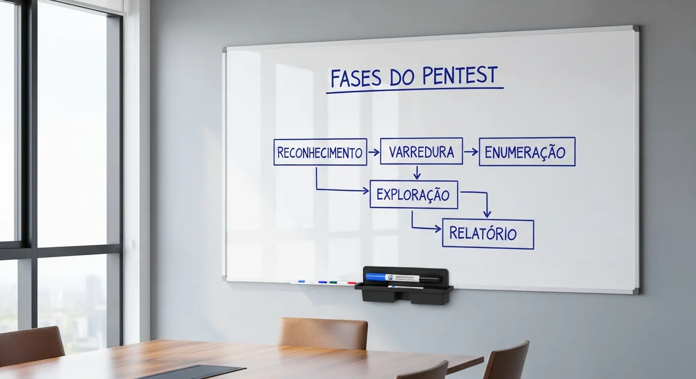Fases de um teste de intrusão desenhadas em um quadro branco