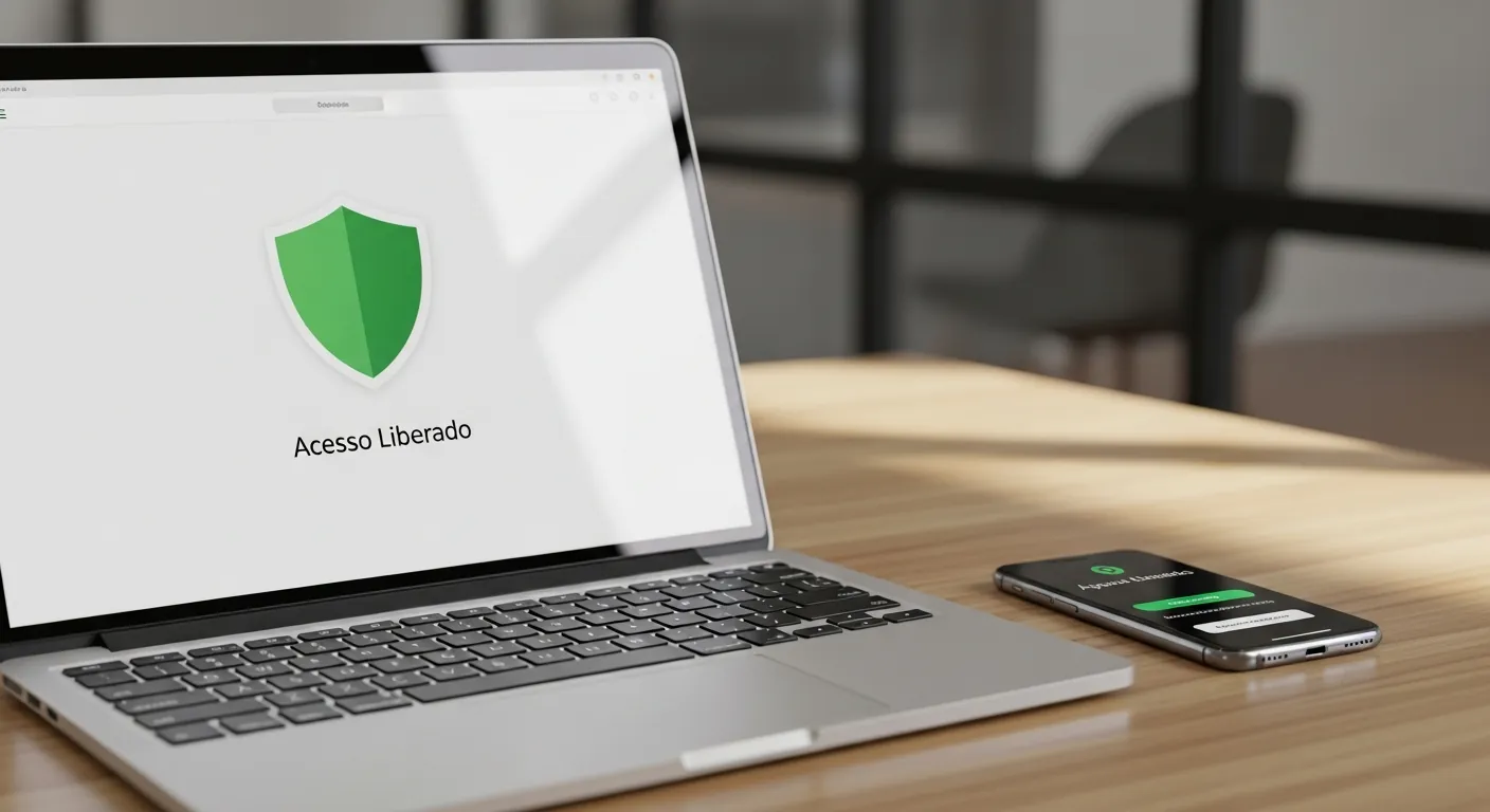 Notebook com sistema de autenticação segura e smartphone