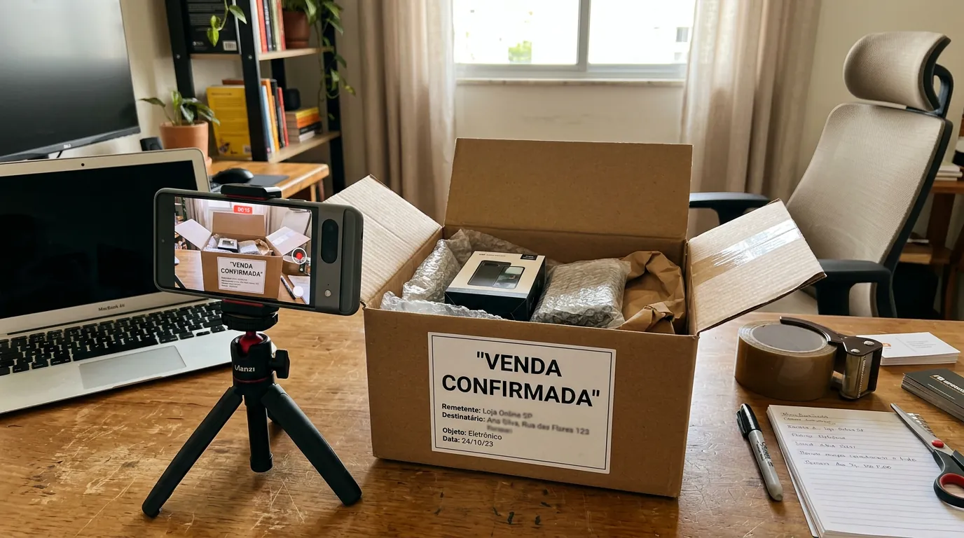 Vendedor filmando embalagem de produto para evitar golpe da devolução