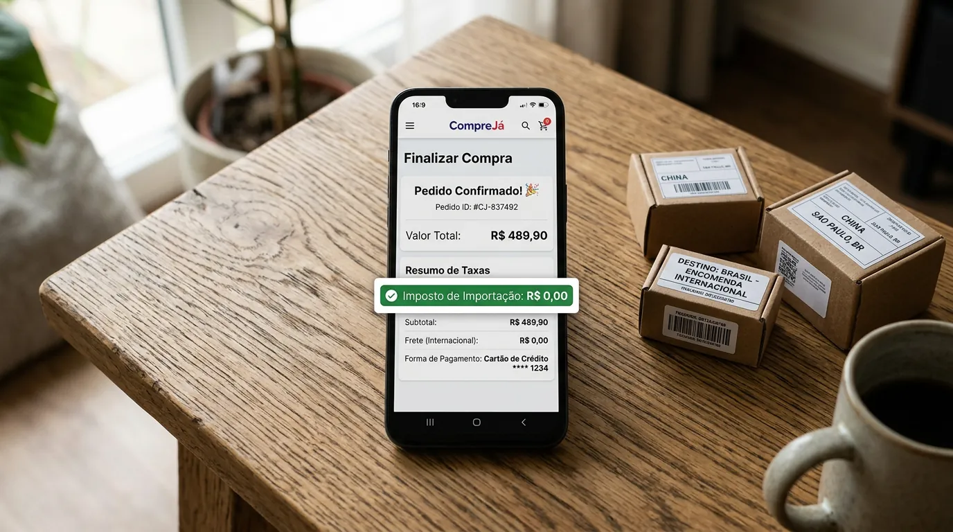 Tela de celular mostrando isenção do imposto de importação em compras até 50 dólares