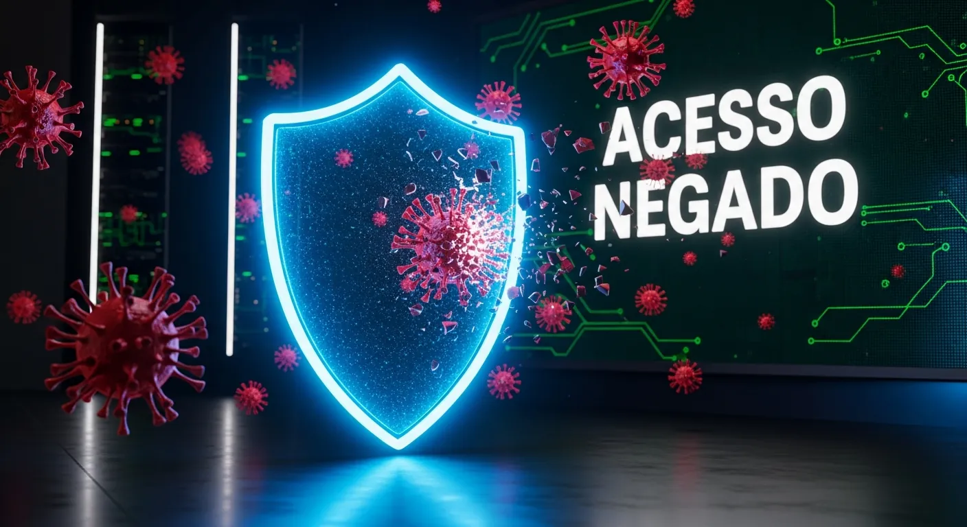 Escudo de firewall bloqueando vírus na rede