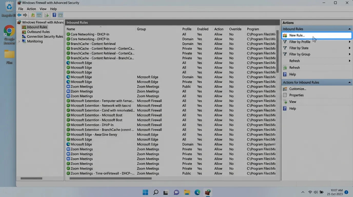 Painel de regras de entrada do firewall do windows