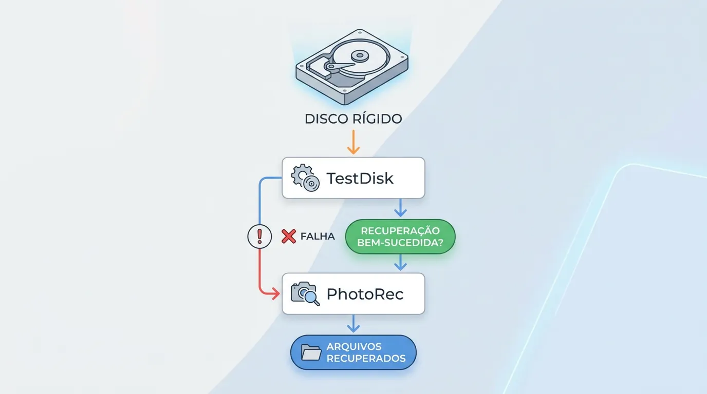 Fluxograma de decisão entre TestDisk e PhotoRec