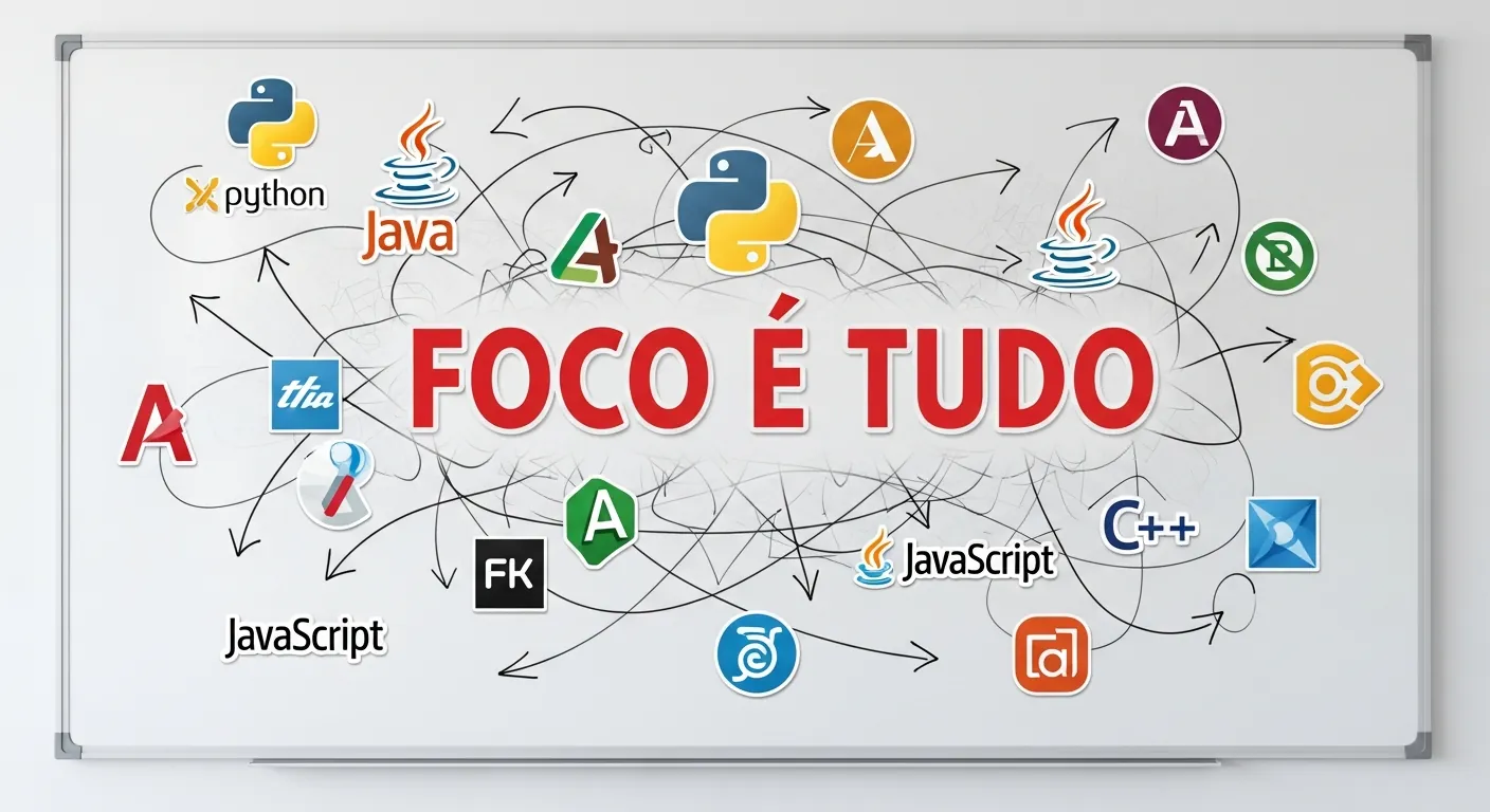 Quadro branco com a frase foco é tudo e linguagens de programação