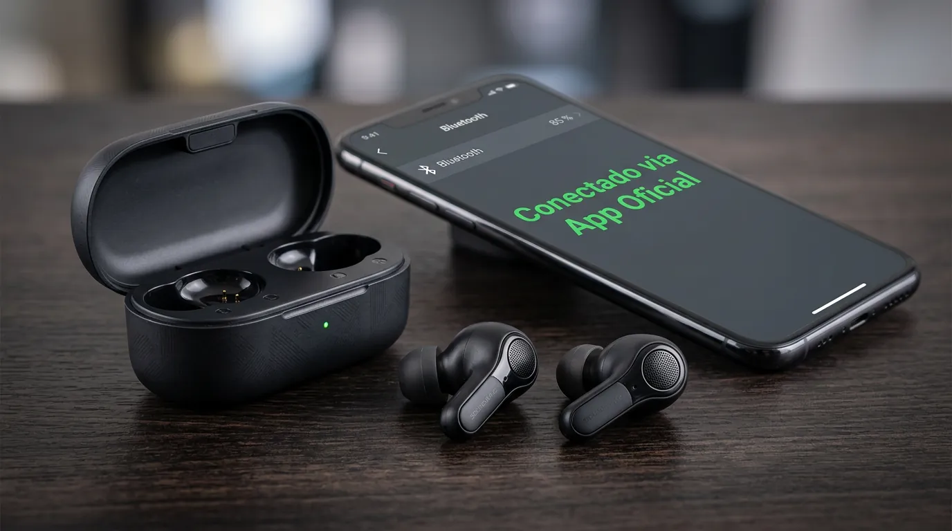 Fone de ouvido Bluetooth bom e barato conectado ao aplicativo oficial no celular