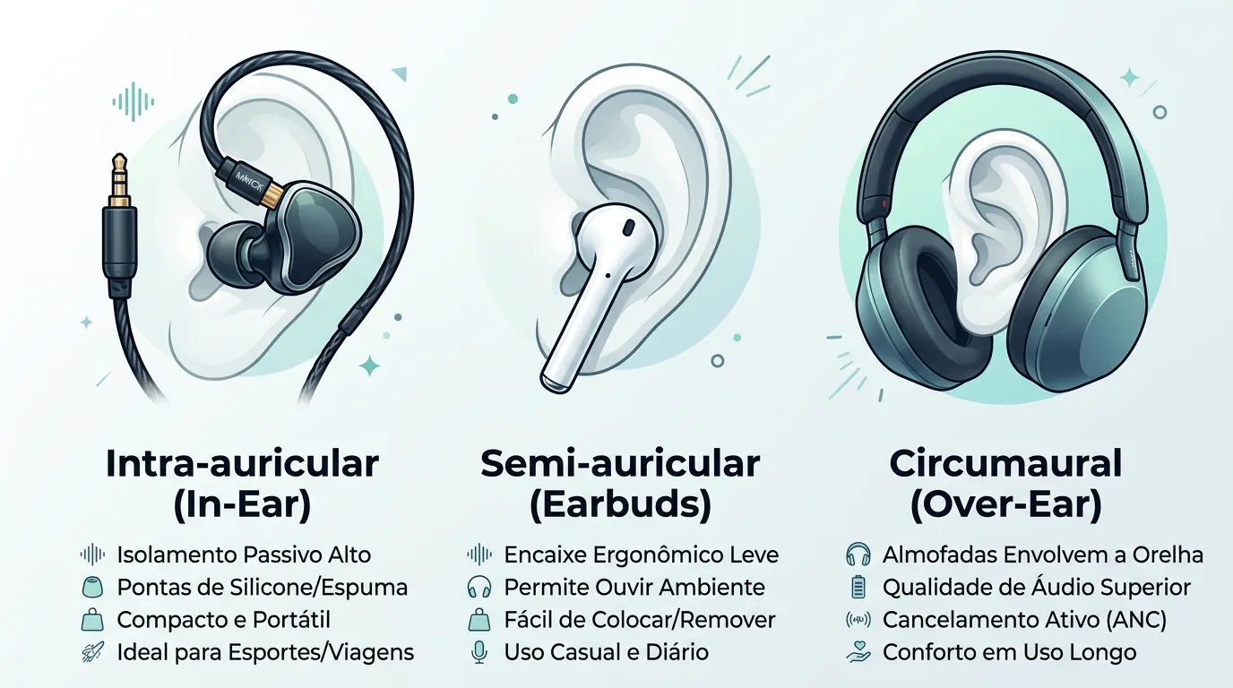 Formatos de fone de ouvido Bluetooth in-ear, earbuds e over-ear
