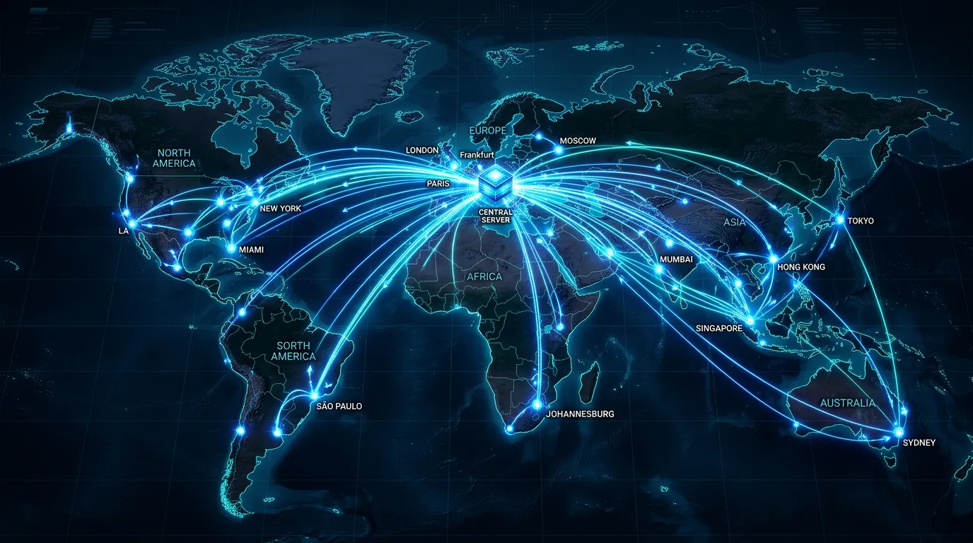 Mapa ilustrando o funcionamento de uma CDN global
