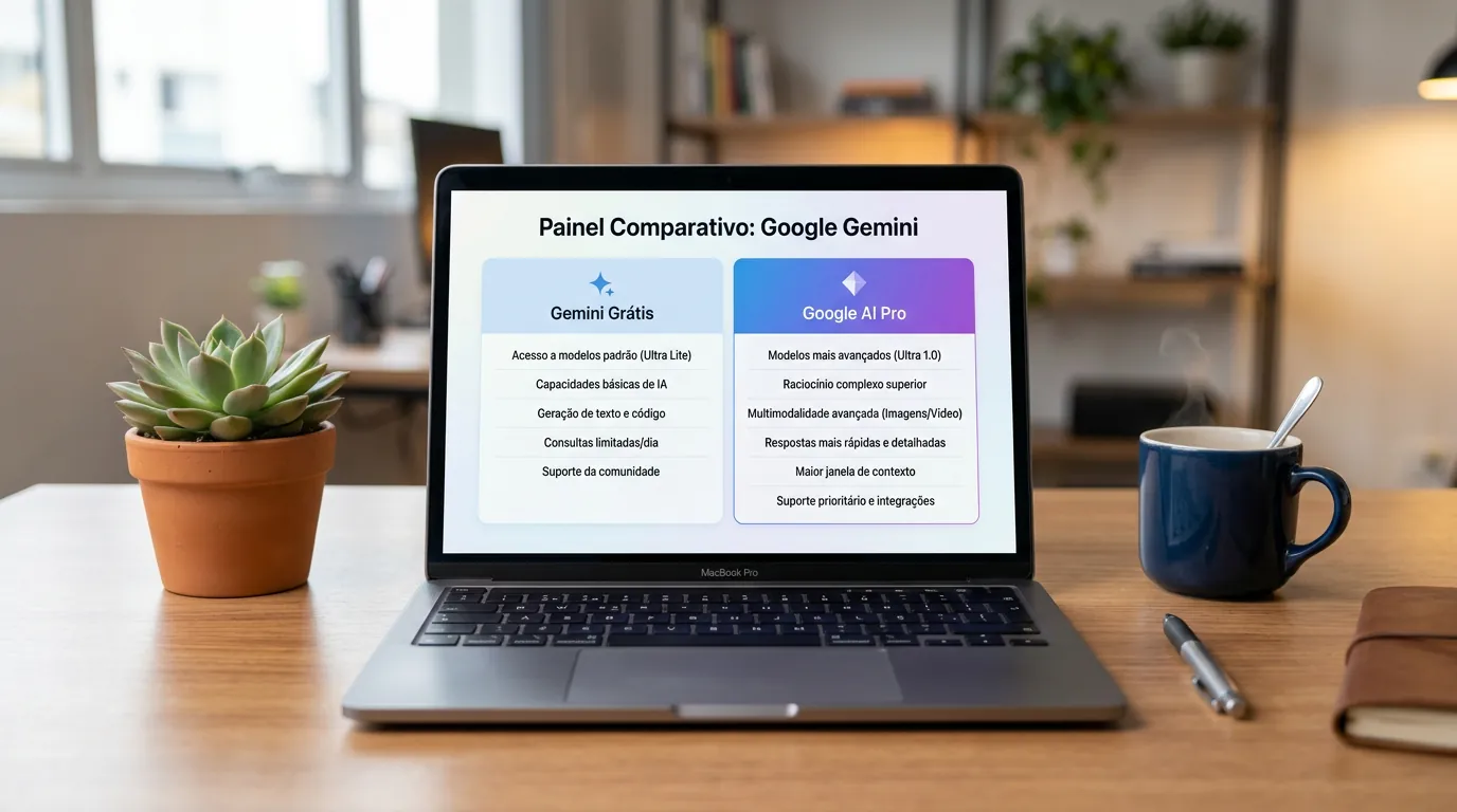 Comparativo entre Gemini Grátis e Google AI Pro na tela do computador