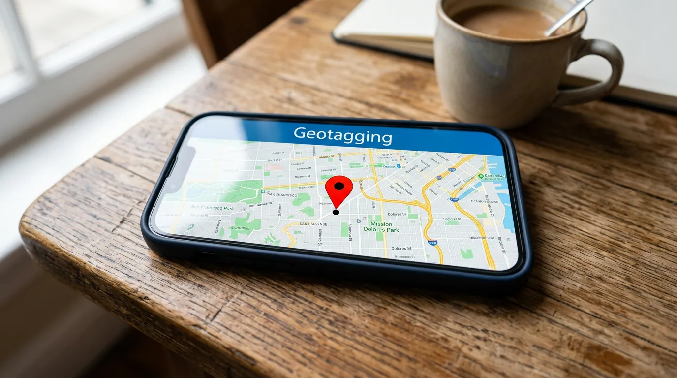 Smartphone exibindo mapa com marcação de geotagging