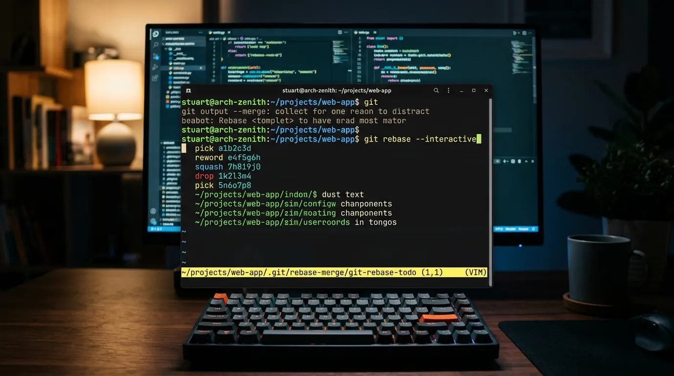 Terminal mostrando comando git rebase interativo