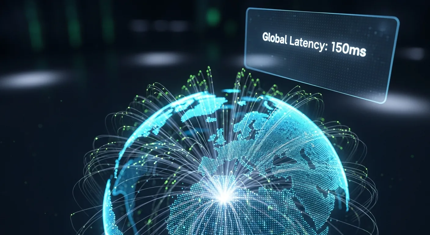 Globo terrestre com conexões de fibra óptica e dados de latência