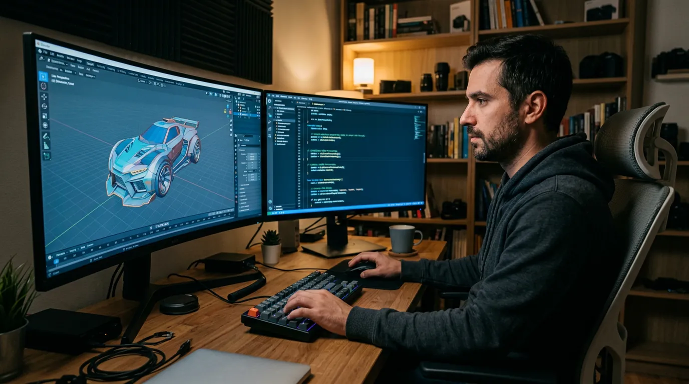 Desenvolvedor trabalhando com modelagem 3D e IA
