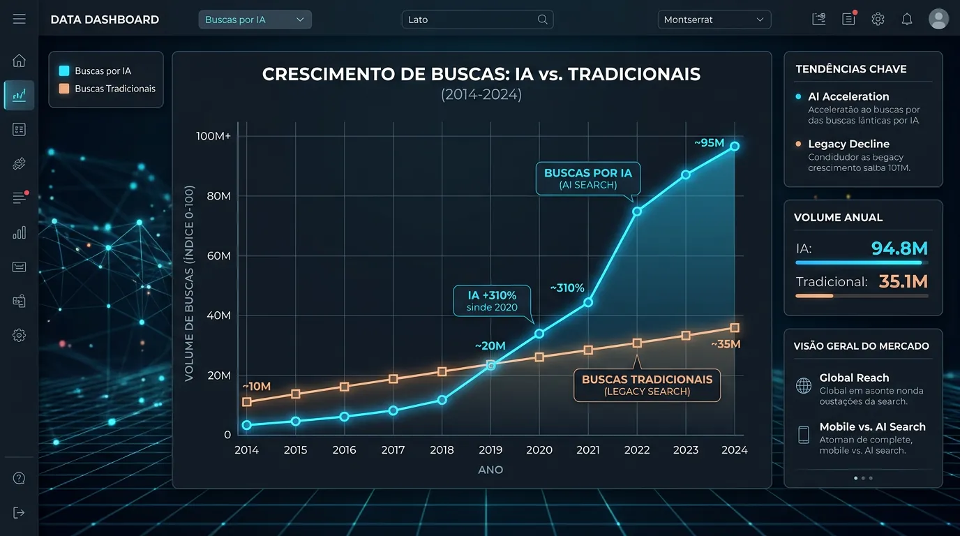 Gráfico de crescimento de buscas por IA e queda do tráfego tradicional