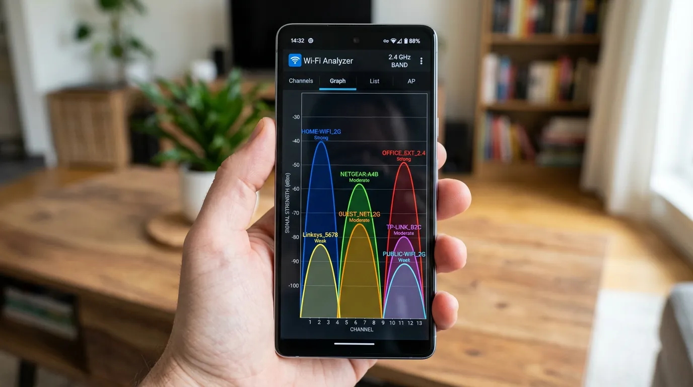 Gráfico de canais de Wi-Fi no aplicativo WiFi Analyzer na tela de um smartphone.