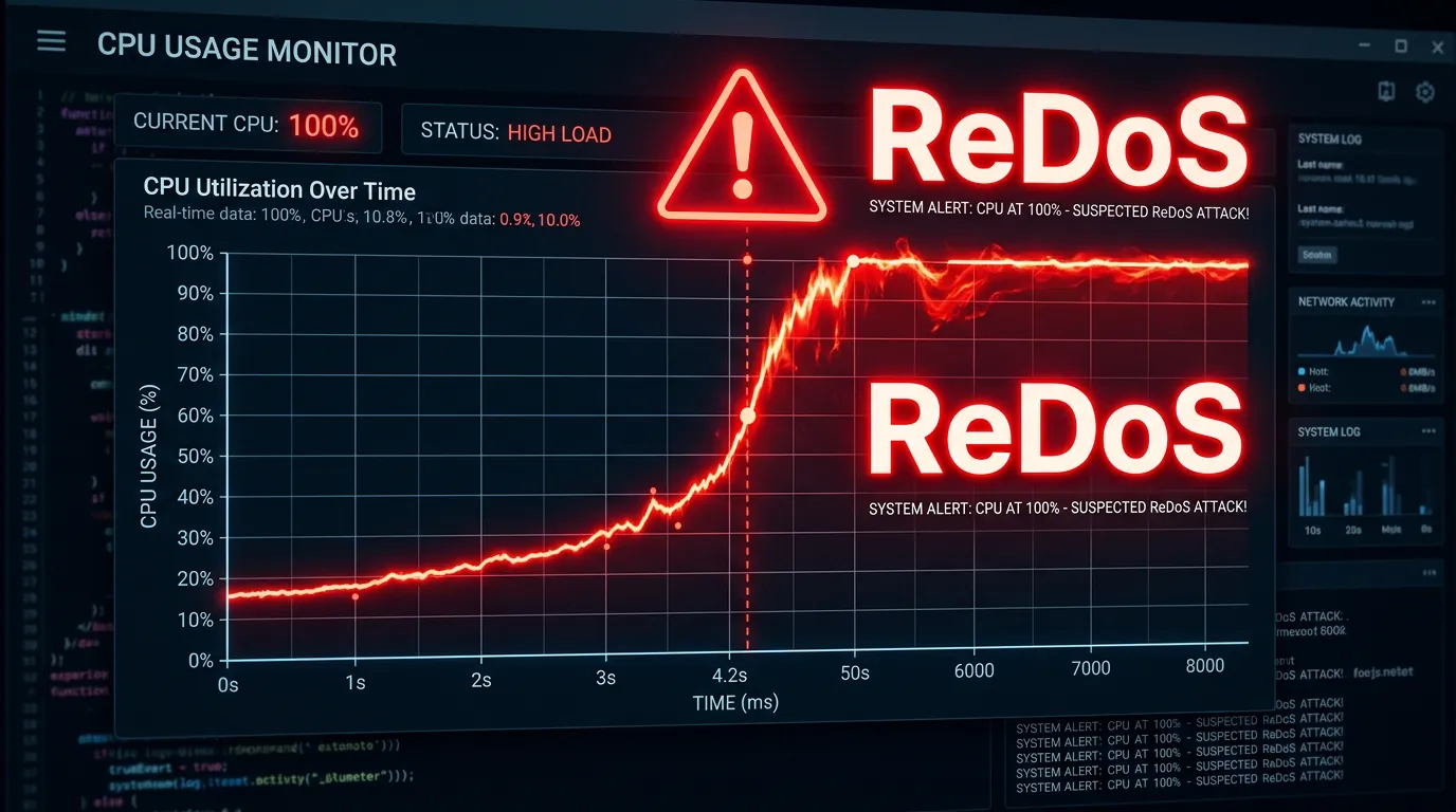 Gráfico mostrando consumo de CPU em 100% devido a ataque ReDoS