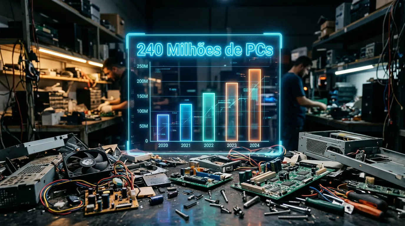 Gráfico holográfico mostrando impacto do lixo eletrônico