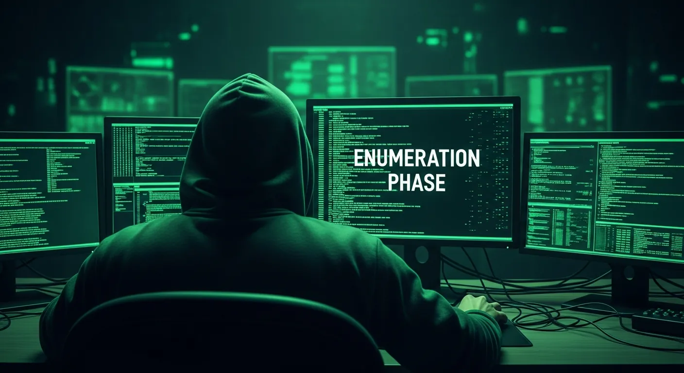 Hacker realizando enumeração de rede em monitores duplos
