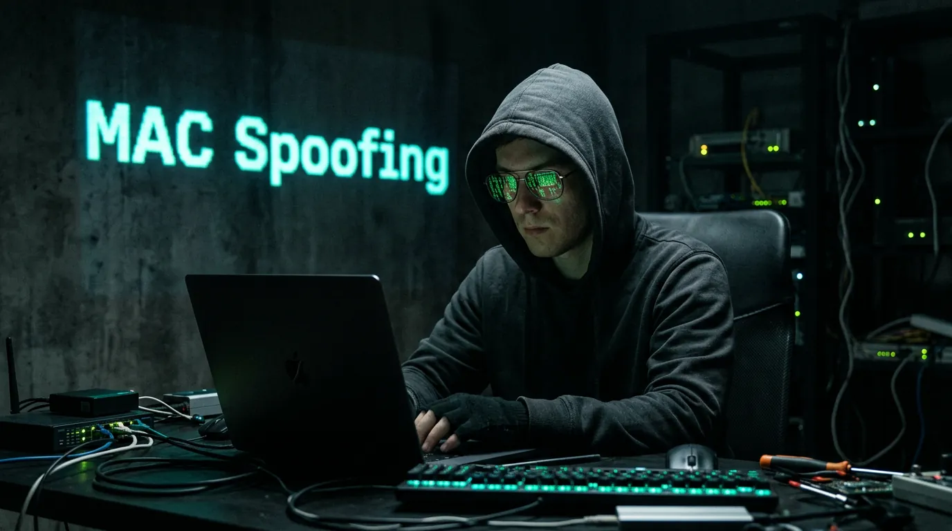 Hacker realizando ataque de MAC Spoofing em rede Wi-Fi