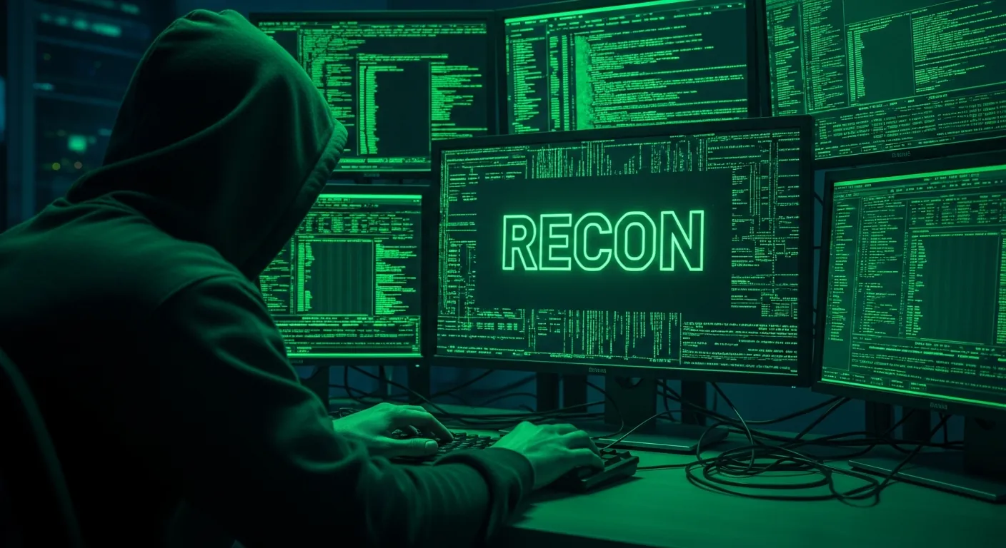 Hacker realizando reconhecimento em cibersegurança
