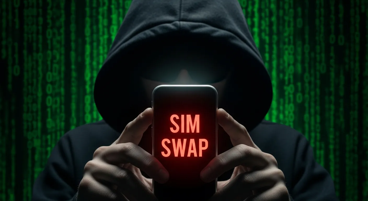 Hacker segurando celular com alerta de SIM Swap
